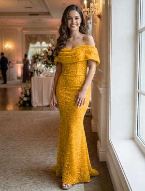 Off the Shoulder Sequin Evening Dresses Maxi Gowns