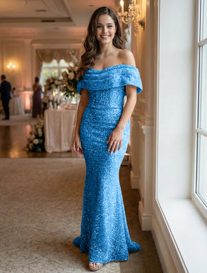 Off the Shoulder Sequin Evening Dresses Maxi Gowns