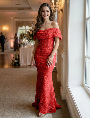 Off the Shoulder Sequin Evening Dresses Maxi Gowns