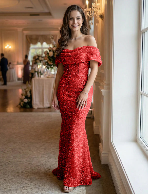 Off the Shoulder Sequin Evening Dresses Maxi Gowns