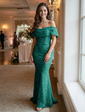 Off the Shoulder Sequin Evening Dresses Maxi Gowns