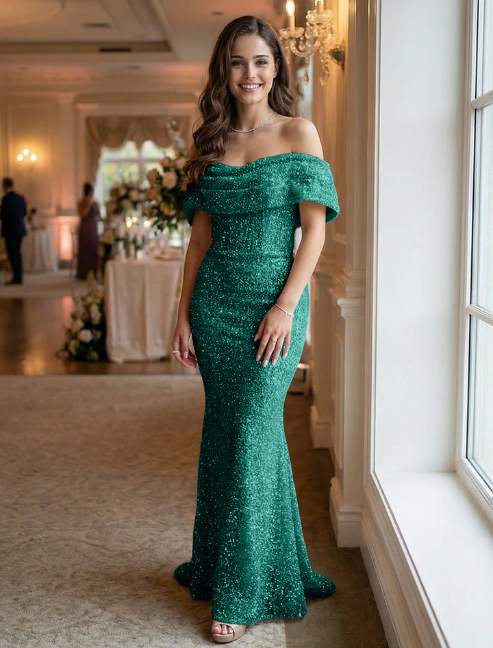 Off the Shoulder Sequin Evening Dresses Maxi Gowns
