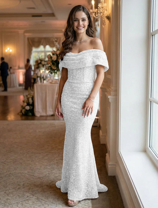 Off the Shoulder Sequin Evening Dresses Maxi Gowns