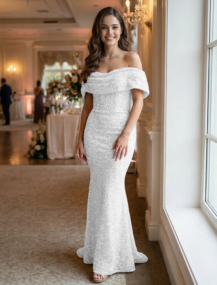 Off the Shoulder Sequin Evening Dresses Maxi Gowns