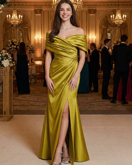 Off Shoulder Satin Pleated Prom Dresses Maxi Evening Gowns