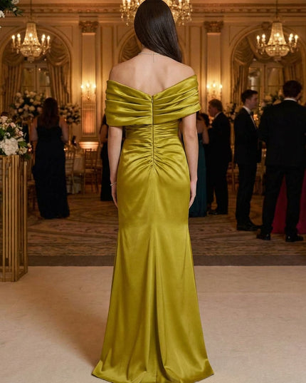 Off Shoulder Satin Pleated Prom Dresses Maxi Evening Gowns