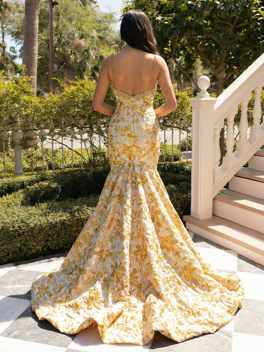 Floral Satin Spaghetti Straps Square Neck Pleated  Evening Dresses