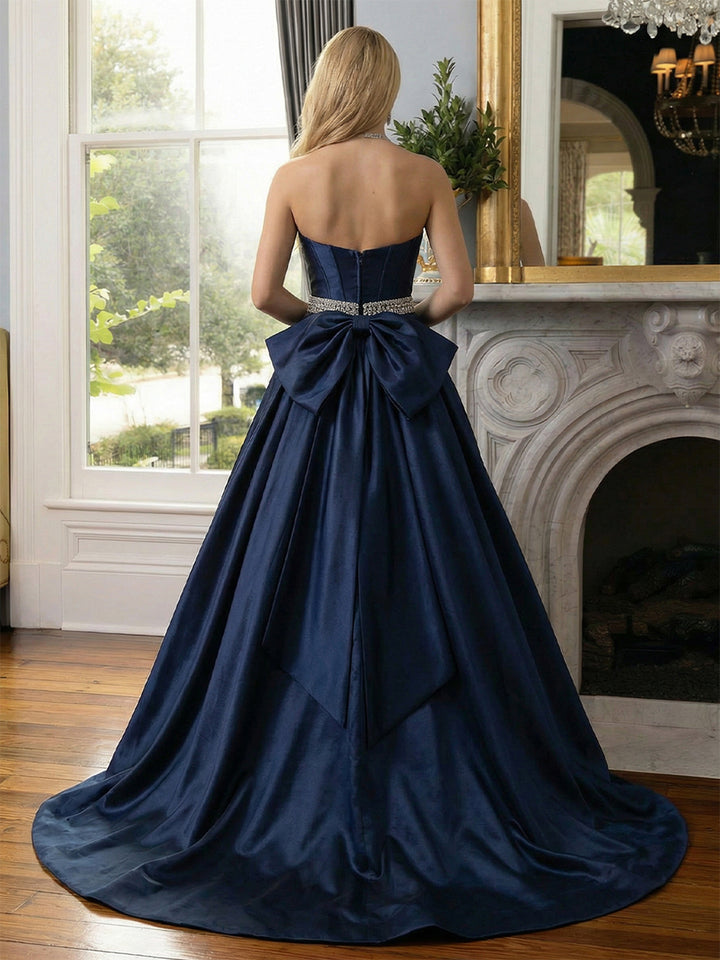 Satin Strapless Sweetheart Beadings Pleated Formal Evening Dresses