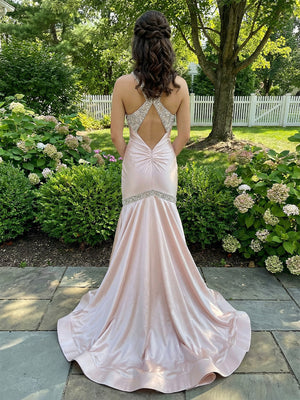 Satin Spaghetti Straps V Neck Sequin Pleated Prom Dresses