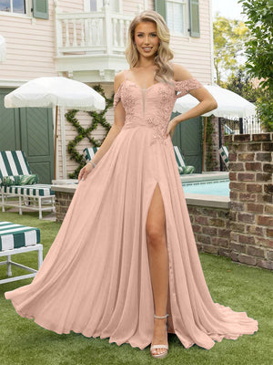 Chiffon Spaghetti Straps Lace Appliques Formal Dresses with Slit Beads Formal Gowns