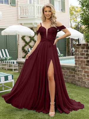 Chiffon Spaghetti Straps Lace Appliques Formal Dresses with Slit Beads Formal Gowns