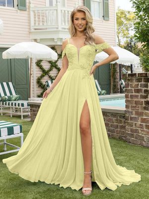 Chiffon Spaghetti Straps Lace Appliques Formal Dresses with Slit Beads Formal Gowns