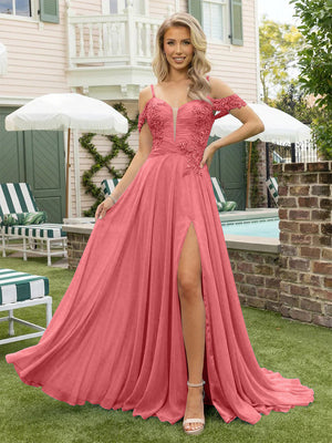 Chiffon Spaghetti Straps Lace Appliques Formal Dresses with Slit Beads Formal Gowns