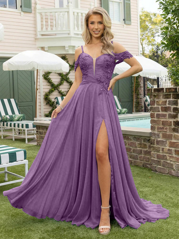 Chiffon Spaghetti Straps Lace Appliques Formal Dresses with Slit Beads Formal Gowns