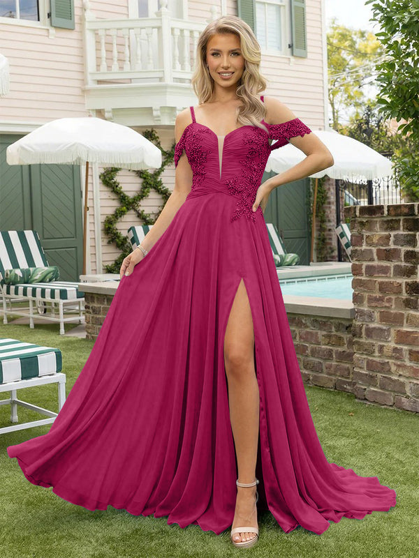 Chiffon Spaghetti Straps Lace Appliques Formal Dresses with Slit Beads Formal Gowns