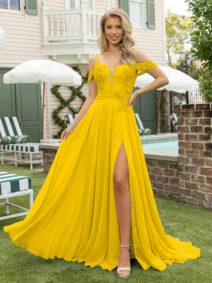 Chiffon Spaghetti Straps Lace Appliques Formal Dresses with Slit Beads Formal Gowns