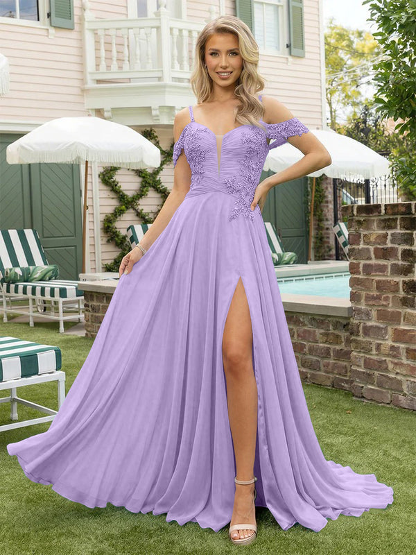 Chiffon Spaghetti Straps Lace Appliques Formal Dresses with Slit Beads Formal Gowns