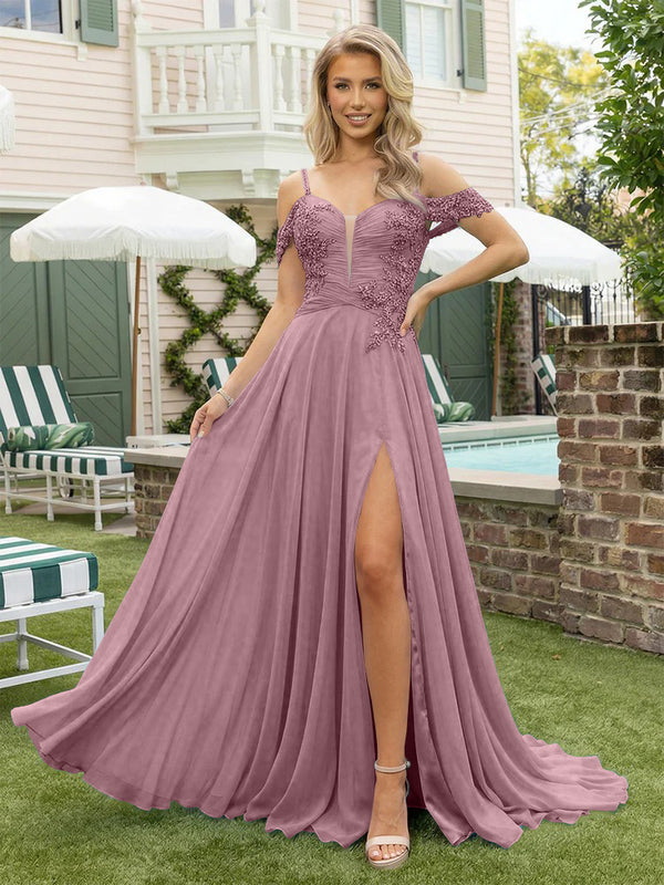 Chiffon Spaghetti Straps Lace Appliques Formal Dresses with Slit Beads Formal Gowns