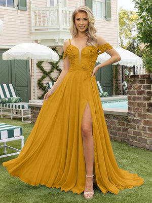 Chiffon Spaghetti Straps Lace Appliques Formal Dresses with Slit Beads Formal Gowns