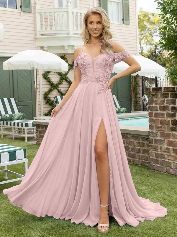 Chiffon Spaghetti Straps Lace Appliques Formal Dresses with Slit Beads Formal Gowns