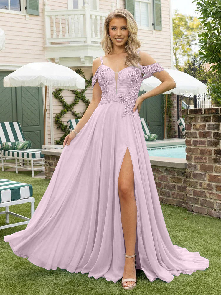 Chiffon Spaghetti Straps Lace Appliques Formal Dresses with Slit Beads Formal Gowns