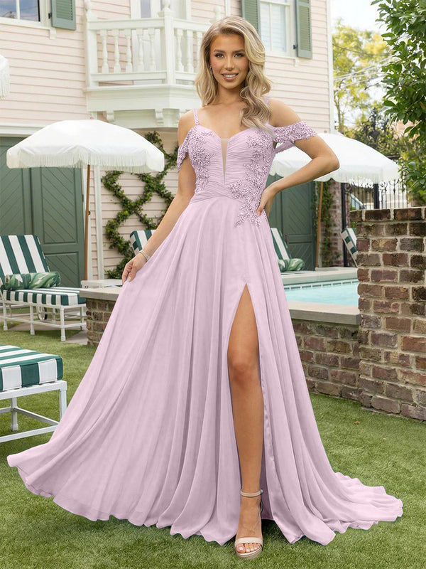 Chiffon Spaghetti Straps Lace Appliques Formal Dresses with Slit Beads Formal Gowns