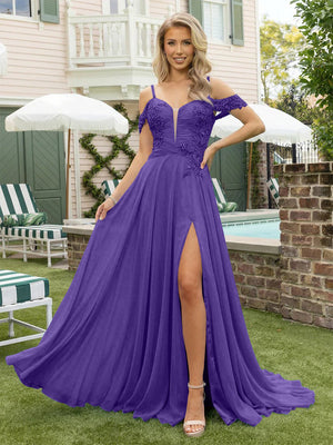 Chiffon Spaghetti Straps Lace Appliques Formal Dresses with Slit Beads Formal Gowns