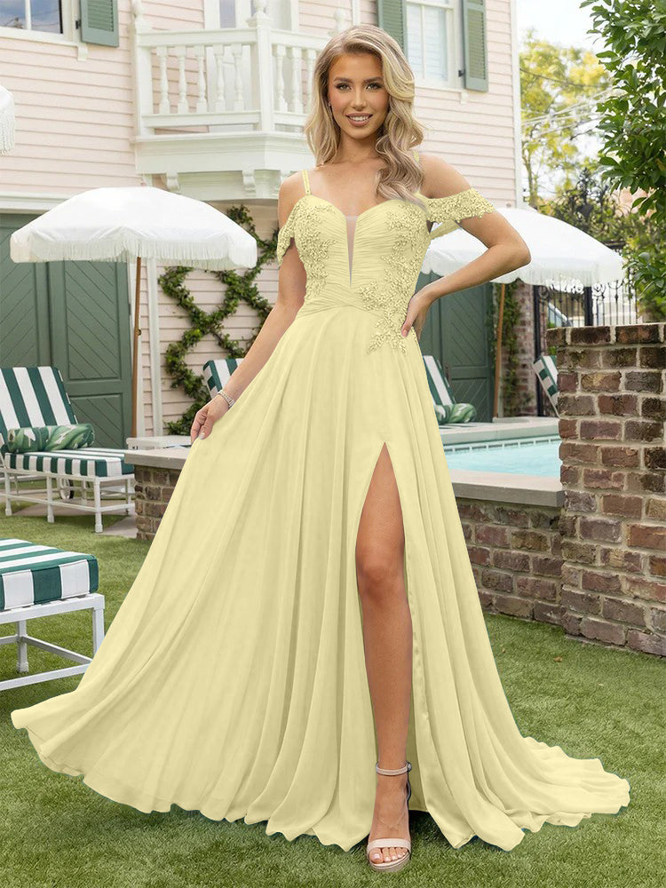 Chiffon Spaghetti Straps Lace Appliques Formal Dresses with Slit Beads Formal Gowns