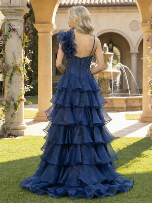 Tulle Spaghetti Straps Layered Prom Dresses with Slit