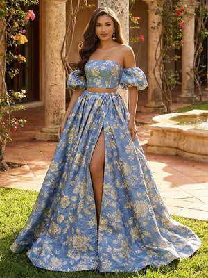 Floral Off the Shoulder 2 Pieces Pleated Prom Dresses with Slit