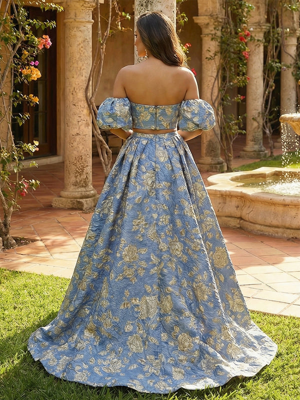 Floral Off the Shoulder 2 Pieces Pleated Prom Dresses with Slit