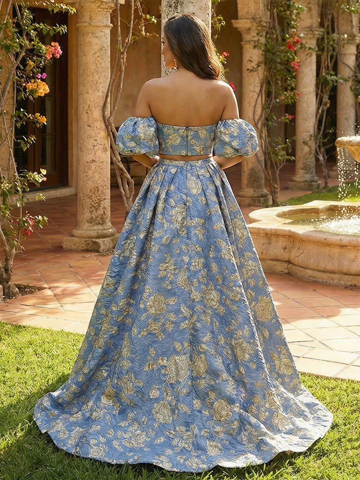 Floral Off the Shoulder 2 Pieces Jacquard Evening Dresses with Slit