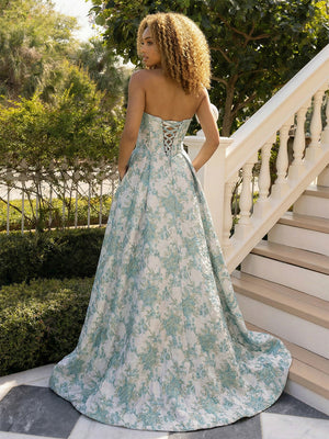 Floral Satin Sweetheart Pleated Cut Out Prom Dresses with Pockets