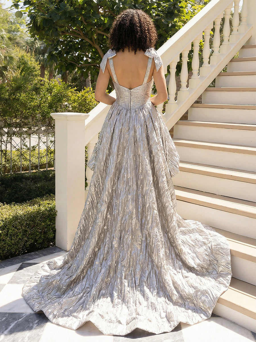 Satin Sweetheart High Low Pleated Bow Prom Dresses