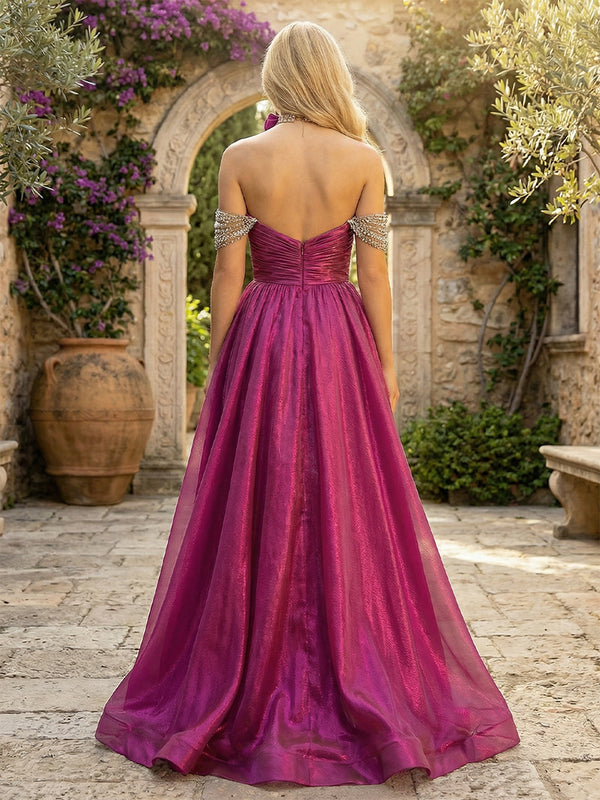 Satin Off the Shoulder Pleated Prom Dresses with Slit