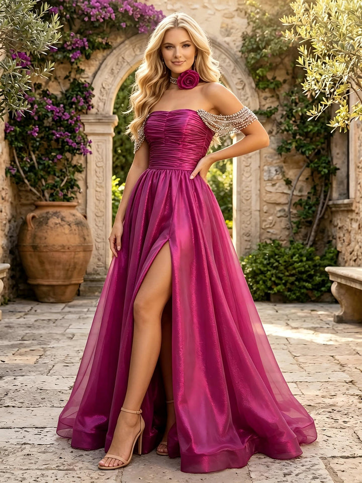 Satin Off the Shoulder Pleated Evening Dresses with Slit