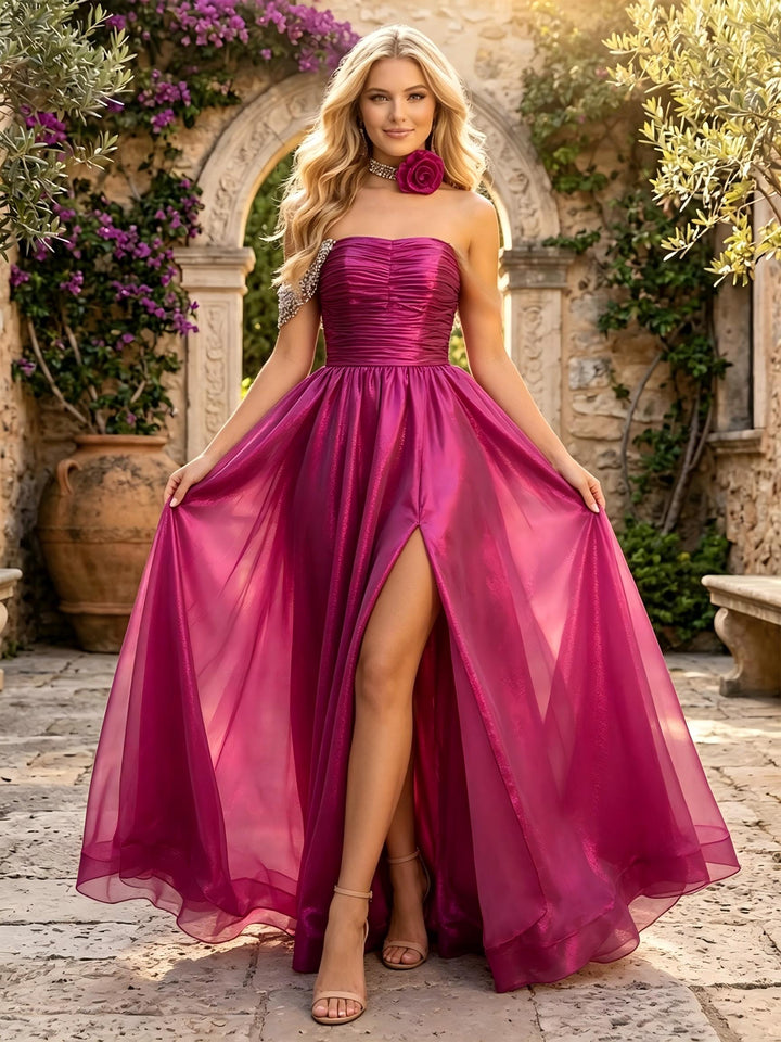 Satin Off the Shoulder Pleated Evening Dresses with Slit