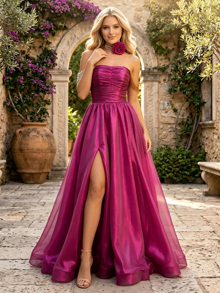 Satin Off the Shoulder Pleated Evening Dresses with Slit