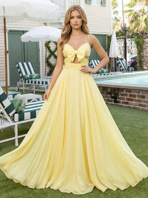 Chiffon V Neck Spaghetti Straps Corset Pleated Cut Out Prom Dresses