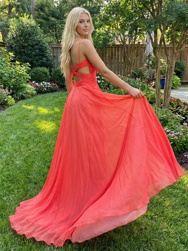 Chiffon V Neck Spaghetti Straps Corset Pleated Cut Out Prom Dresses
