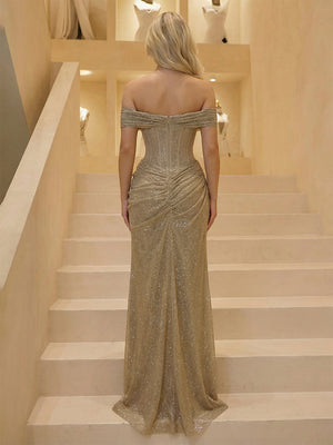 Sequin Off the Shoulder Corset Side Slit Pleats Ruffles Prom Dresses