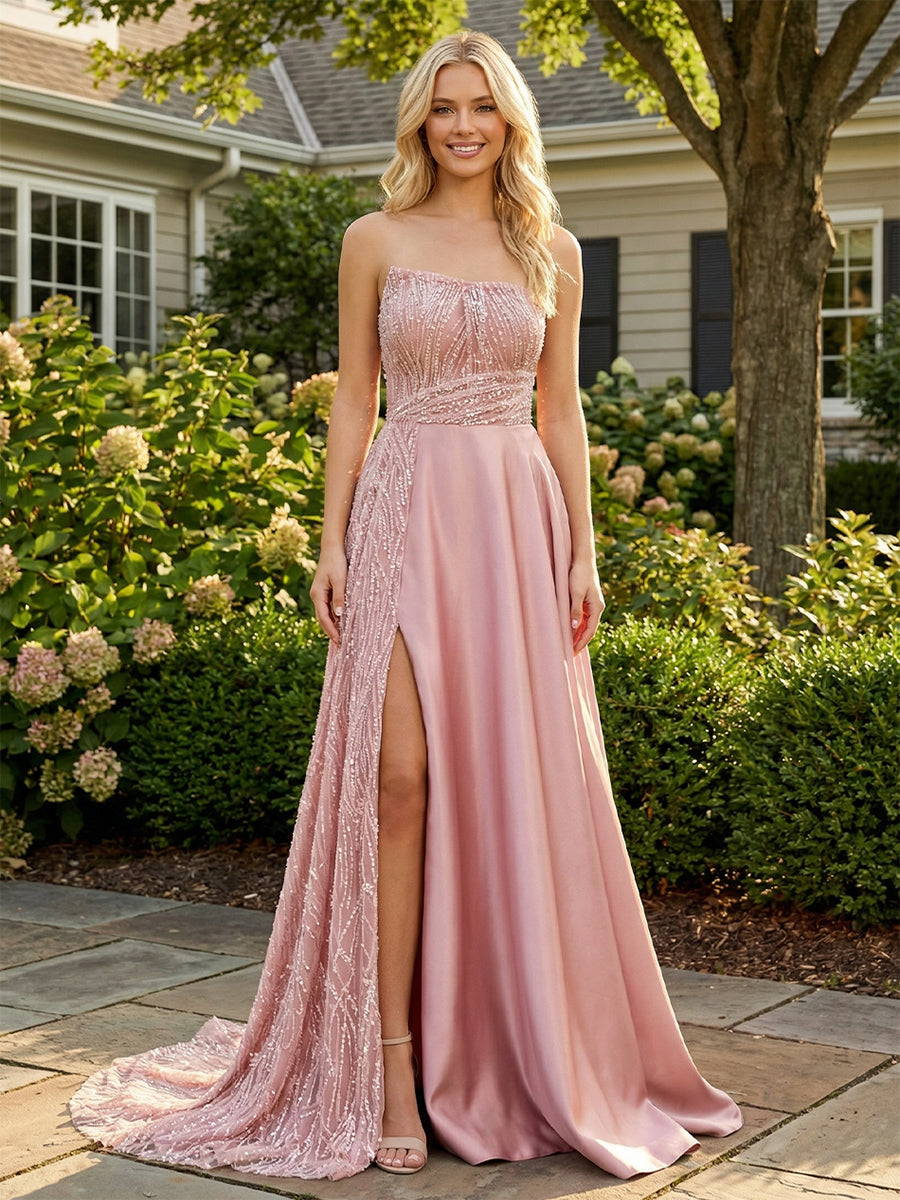 Satin Sequin Strapless Corset Pleated Prom Dresses with Slit