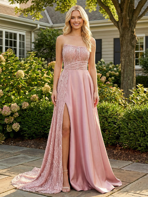 Satin Sequin Strapless Corset Pleated Prom Dresses with Slit