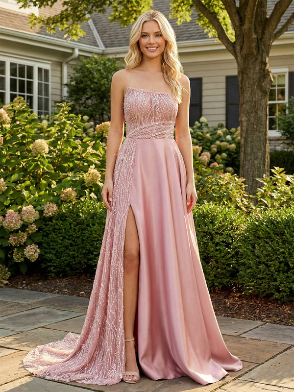 Satin Sequin Strapless Corset Pleated Evening Dresses with Slit