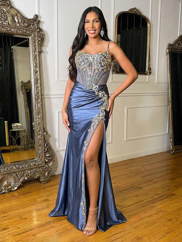 Sweetheart Satin Strapless Pleated Evening Dresses with Slit