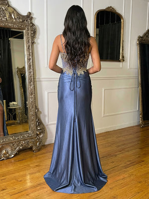 Sweetheart Satin Strapless Pleated Prom Dresses with Slit