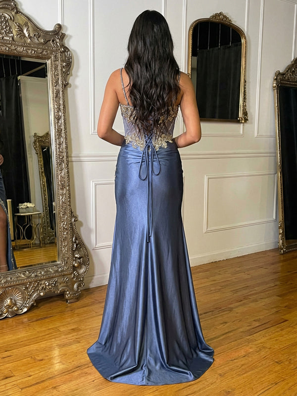 Sweetheart Satin Strapless Pleated Prom Dresses with Slit