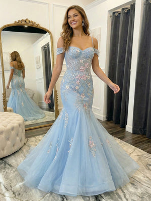 Lace Appliques Off the Shoulder Tulle Pleated Prom Dresses