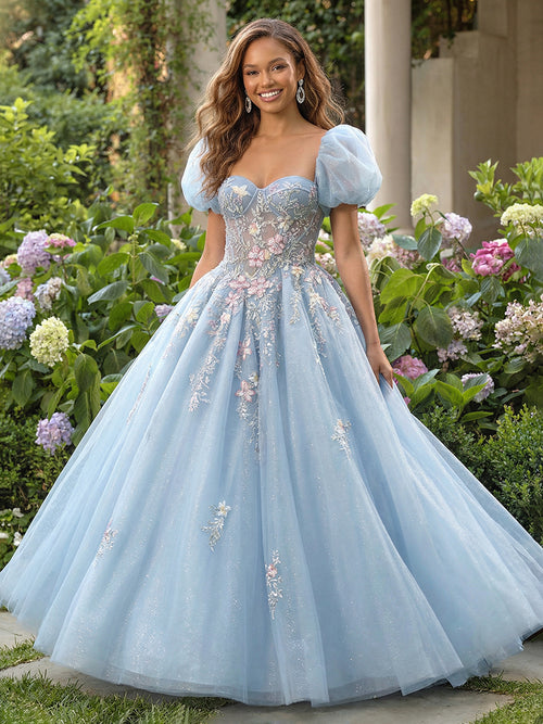 Lace Appliques Sweetheart Tulle Pleated Prom Dresses