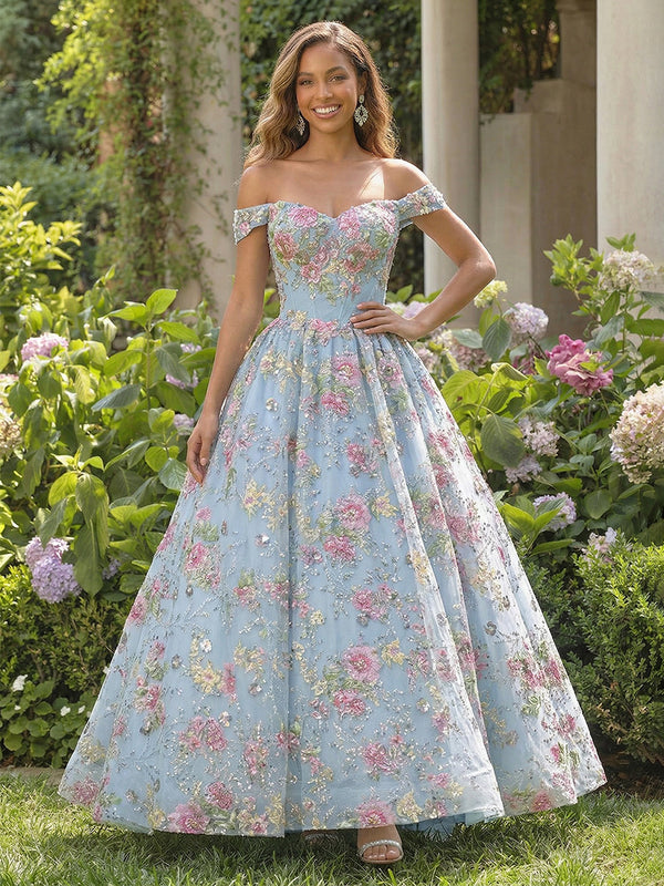 Floral Lace Appliques Off the Shoulder Pleated Evening Dresses